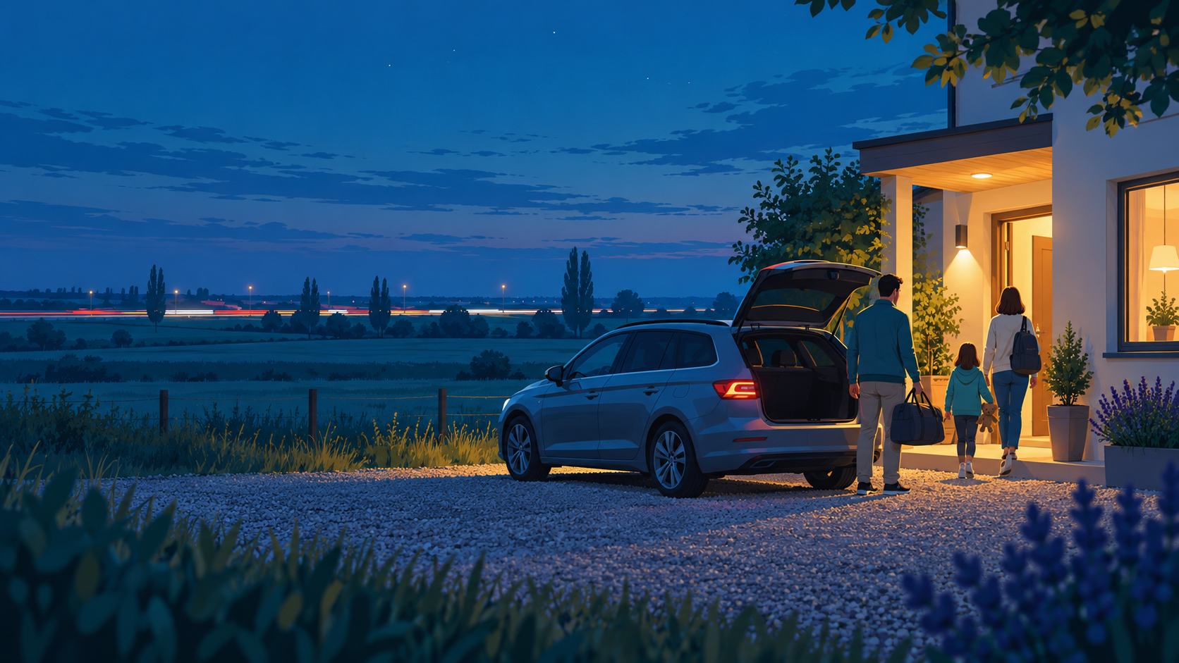 Illustration einer sicheren Pause nach einer langen Autofahrt